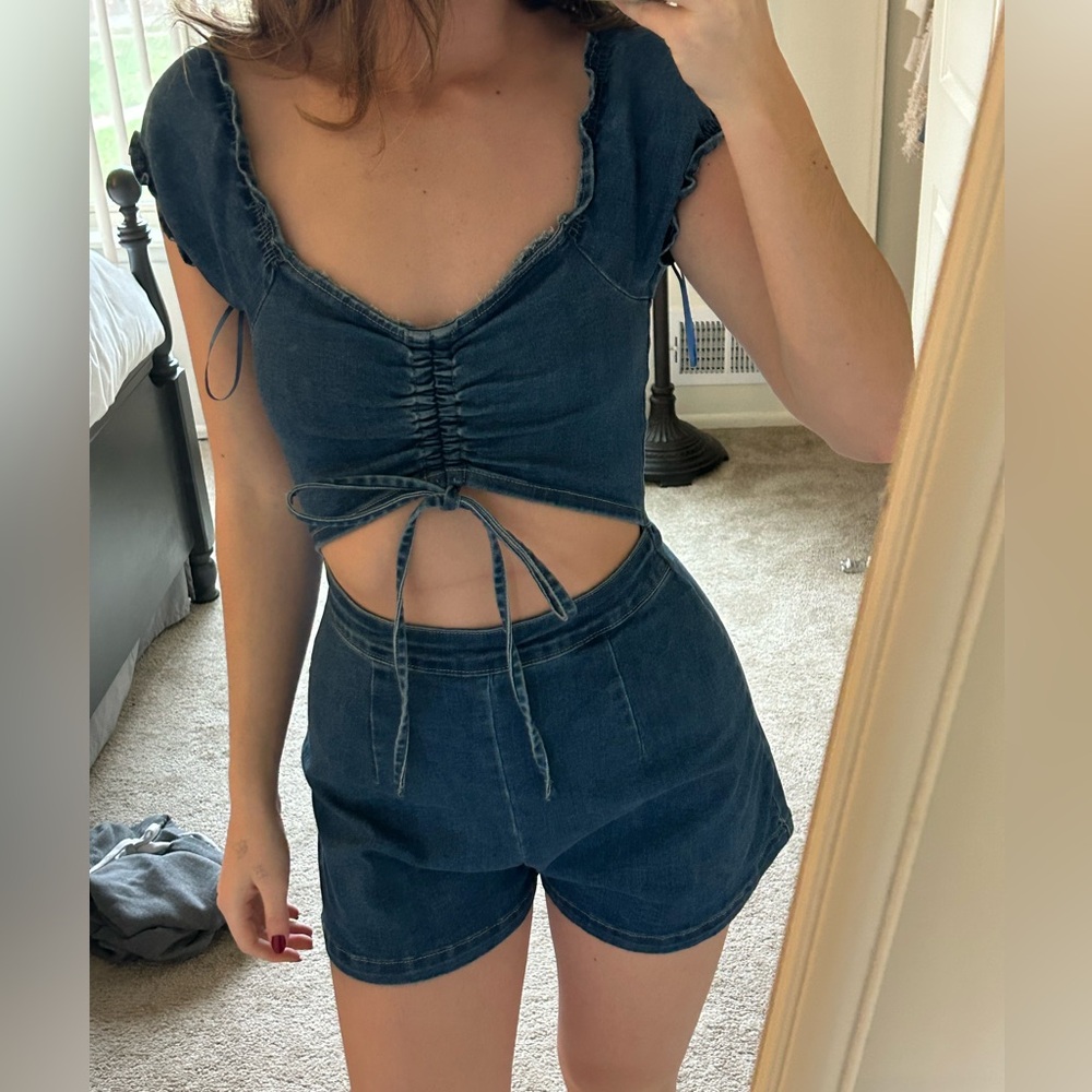 Dark blue Jean romper with ruffles